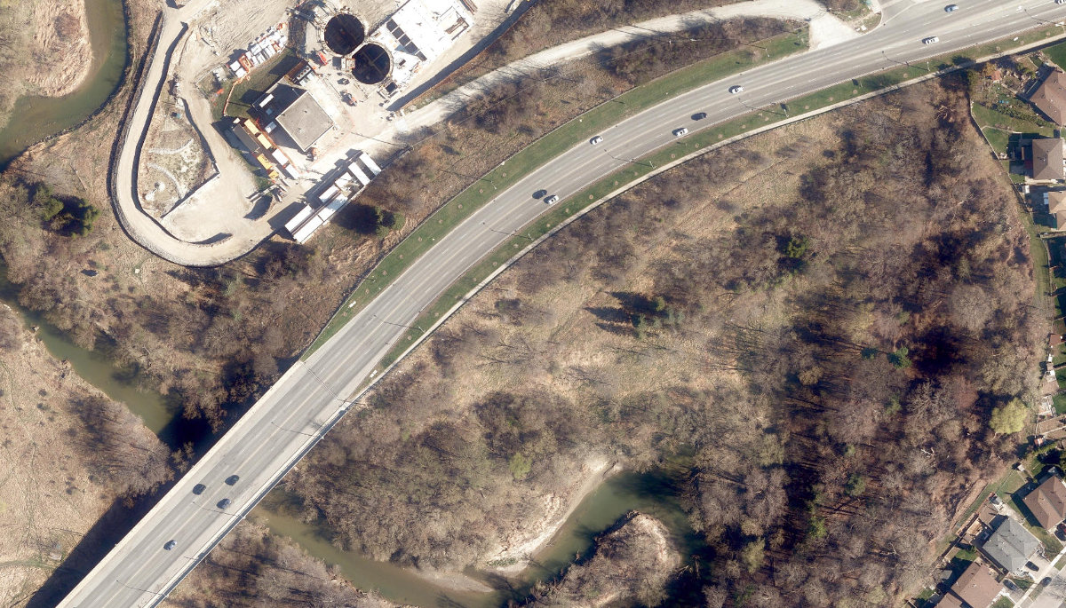 Rowntree Mills Park, aerial top-down view