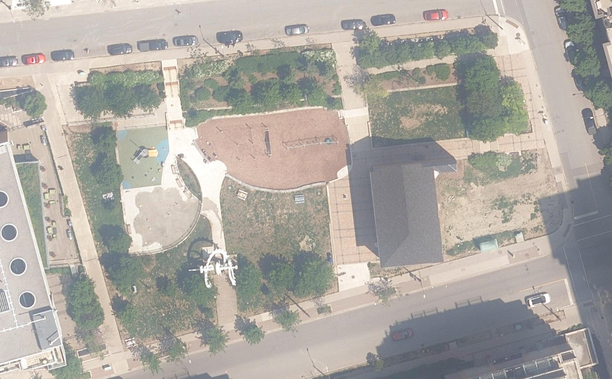 Liberty Village Park, aerial top-down view